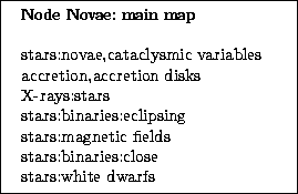 \framebox [6.2cm][l]{
\begin{tabular}
{l} 
{\bf Node Novae: main map}\\  
\\ sta...
 ...magnetic fields \\ stars:binaries:close \\ stars:white dwarfs \\ \end{tabular}}
