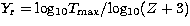$Y_{\rm r} = {\rm log_{10}}T_{\rm max}/{\rm log_{10}}(Z+3)$