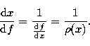 \begin{displaymath}
\frac{{\rm d}x}{{\rm d}f}=\frac 1{\frac{{\rm d}f}{{\rm d}x}}=\frac 1{\rho (x)}. \end{displaymath}