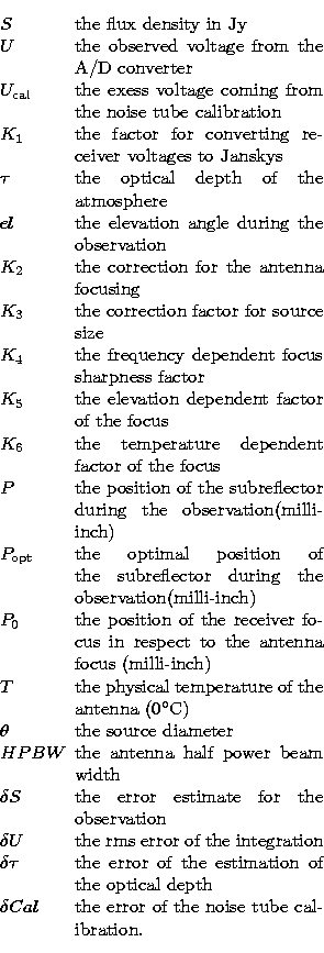 \begin{displaymath}
\begin{array}
{lp{0.8\linewidth}}
S & the flux density in Jy...
...elta{Cal} & the error of the noise tube calibration.\end{array}\end{displaymath}