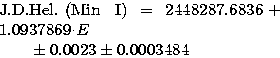 \begin{eqnarraystar}
{\rm J.D.Hel.~(Min \, I)} & = & 2448287.6836 + 1.0937869\cdot E \\  & & \phantom{000\,\,}\pm 0.0023 \pm 0.0003484\end{eqnarraystar}