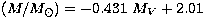 $(M/M_\odot) = -0.431~M_V 
+2.01$