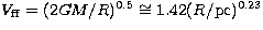 $V_{\rm ff} = (2GM/R)^{0.5}\cong 1.42(R/{\rm pc})^{0.23}$