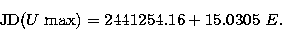 \begin{displaymath}
{\rm JD}(U \; {\rm max}) = 2441254.16 + 15.0305\ E.\end{displaymath}