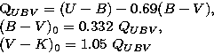 \begin{eqnarraystar}
&&\hspace{-3mm}Q_{UBV}=(U-B)-0.69(B-V),\\ &&\hspace{-3mm}(B-V)_0=0.332~Q_{UBV},\\ &&\hspace{-3mm}(V-K)_0=1.05~Q_{UBV}\end{eqnarraystar}