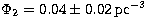 $\Phi_2=0.04\pm 0.02\,{\rm pc}^{-3}$
