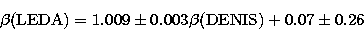 \begin{displaymath}
\beta ({\rm LEDA}) = 1.009 \pm 0.003 \beta ({\rm DENIS}) +0.07 \pm 0.26\end{displaymath}