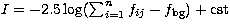 $I= -2.5 \log (\sum_{i=1}^{n} f_{ij}- f_{\rm bg})\rm + cst$