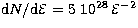 ${\rm d}N/{\rm d}{\cal E}=5\ 10^{28}\,{\cal E}^{-2}$