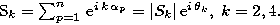 \begin{eqnarraystar}
S_k=\sum_{p=1}^{n}\,{\rm e}^{i\,k\,\alpha_{ p}}=
\vert S_k\vert\,{\rm e}^{i\,\theta_k}, \ k= 2,4. \end{eqnarraystar}