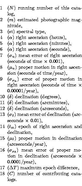 \begin{displaymath}
\begin{array}
{lp{0.9\linewidth}}
 \noalign{\smallskip}
 {1}...
 ... {18} & ($C$) number of contributing catalogs. \\  \end{array} \end{displaymath}