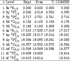 \begin{tabular}
{rlrrrr}\hline
$i$& Level & Expt & Pres & T & CDMBB\\  \hline
&&...
 ...2{\rm F}^{\rm o}_{7/2}$\space & 19.913 & 19.914 & & 19.919\\ \hline\end{tabular}