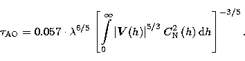 \begin{displaymath}
\tau _{\rm AO} = 0.057 \cdot\lambda^{6/5}
\left[\int\limits_...
 ...ert 
^{5/3}C_{\rm N}^{2}\left(h\right) {\rm d}h\right]^{-3/5} .\end{displaymath}