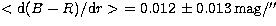 $ < {\mathrm{ d}(B-R)/
\mathrm{ d}r}\gt\ = 0.012\,\pm 0.013\,\mathrm{mag}/\hbox{$^{\prime\prime}$}$