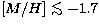 $[M/H] \mathrel{\hbox to 0pt{\lower 3pt\hbox{$\mathchar''218$}\hss}
\raise 2.0pt\hbox{$\mathchar''13C$}}-1.7$