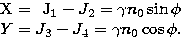 \begin{eqnarraystar}
X = & J_{1} - J_{2} = & \gamma n_{0} \sin\phi \\ Y = & J_{3} - J_{4} = & \gamma n_{0} \cos\phi.\end{eqnarraystar}