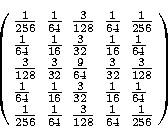 \begin{displaymath}
\left(
\begin{array}
{lllll}
\frac{1}{256} & \frac{1}{64} & ...
 ...28} & \frac{1}{64} & \frac{1}{256} \end{array}\right)
\nonumber\end{displaymath}