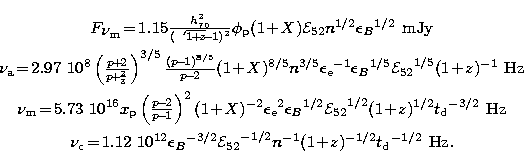 \begin{eqnarray}
& F_{\mbox{$\nu_{\rm m}$}} \! =\!
 1.15 \frac{h_{70}^2}{(\sqrt{...
 ...^{-1/2} 
 \mbox{$t_{\rm d}$}^{-1/2}\:\mbox{\rm\thinspace Hz$^{}$}.\end{eqnarray}