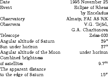 \begin{tabular}
{lr}
Date & 1995 November 25 \\ Event & Eclipse of Rheas \\  ~ &...
 ...pparent distance & \\  
to the edge of Saturn & $15^{\prime\prime}$\end{tabular}