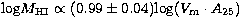 ${\rm log}M_{\rm HI}\propto(0.99\pm0.04){\rm log}(V_{\rm m}\cdot A_{25})$