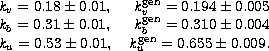 \begin{tabular}
{lr}
\noalign\\ ${\it k}_{\it v}=0.18\pm0.01 ,$\space & $ {\it k...
 ...$\space & $ {\it k}_{\it u}^{\rm gen}=0.655\pm0.009$.\\ \noalign\\ \end{tabular}