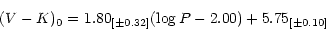 \begin{displaymath}(V-K)_0 = 1.80_{[\pm 0.32]} (\log P-2.00) + 5.75_{[\pm 0.10]}\end{displaymath}