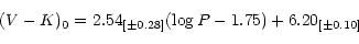 \begin{displaymath}(V-K)_0 = 2.54_{[\pm 0.28]} (\log P-1.75) + 6.20_{[\pm 0.10]} \end{displaymath}