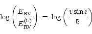 \begin{displaymath}\log \left( \frac{E_{\rm RV}}{E^{(5)}_{\rm RV}} \right) \, = \,
\log \left( \frac{v \sin i}{5} \right)
\end{displaymath}