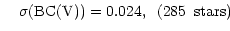 $\displaystyle \;\;\;\;\sigma{\rm (BC(V)})=0.024,\;\; (285\;\; {\rm stars})\;\;\;\;\;\;\;\;$
