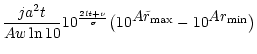 $\displaystyle \frac{j a^2 t}{A w \ln10}
10^{\frac{ 2lt +\nu}{ \sigma}}
\bigl(10^{\displaystyle A \tilde r_{\rm max}}-10^{\displaystyle Ar_{\rm min}}\bigr)$