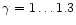 $\gamma = 1\ldots 1.3$