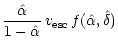 $\displaystyle \frac{\hat \alpha}{1 - \hat \alpha} \,v_{\rm esc} \,f(\hat \alpha, \hat \delta)$