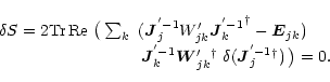 \begin{eqnarray*}\begin{array}{ll}
\delta S =
2 \mbox{Tr\,Re\ }\big( \sum_k &...
...elta(\vec{J}{_{j}^{'-1}}{^{\dagger}}) \,\big) = 0 .
\end{array} \end{eqnarray*}