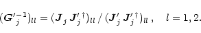 \begin{eqnarray*}(\vec{G}'{_{j}^{-1}})_{ll} = ( \vec{J}_{j \vphantom{'}}\,\vec{J...
...\,\vec{J}'_{j \vphantom{'}}{^{\dagger}})_{ll}
\,,\quad l=1,2 .
\end{eqnarray*}