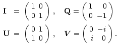 $\displaystyle \begin{array}{lcl}
\mathbf{I}&=&\left( \begin{array}{cc} 1& 0\\ ...
...\vec{V}= \left( \begin{array}{rr} 0&-i\\ i& 0\end{array} \right) .
\end{array}$