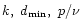 $k,\ d_\mathrm{min},\ p/\nu$