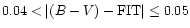 $0.04< \vert(B-V)-{\rm FIT}\vert\le 0.05$