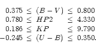 \begin{displaymath}\begin{array}{lllll}
\phantom{-}0.375 & \le & (B-V)\hfill & \...
... 9.790\\
-0.245 & \le & (U-B)\hfill & \le & 0.350.
\end{array}\end{displaymath}