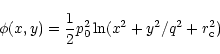 \begin{displaymath}%
\phi(x,y)={1\over 2}p_0^2\ln(x^2+y^2/q^2+r_{\rm c}^2)
\end{displaymath}